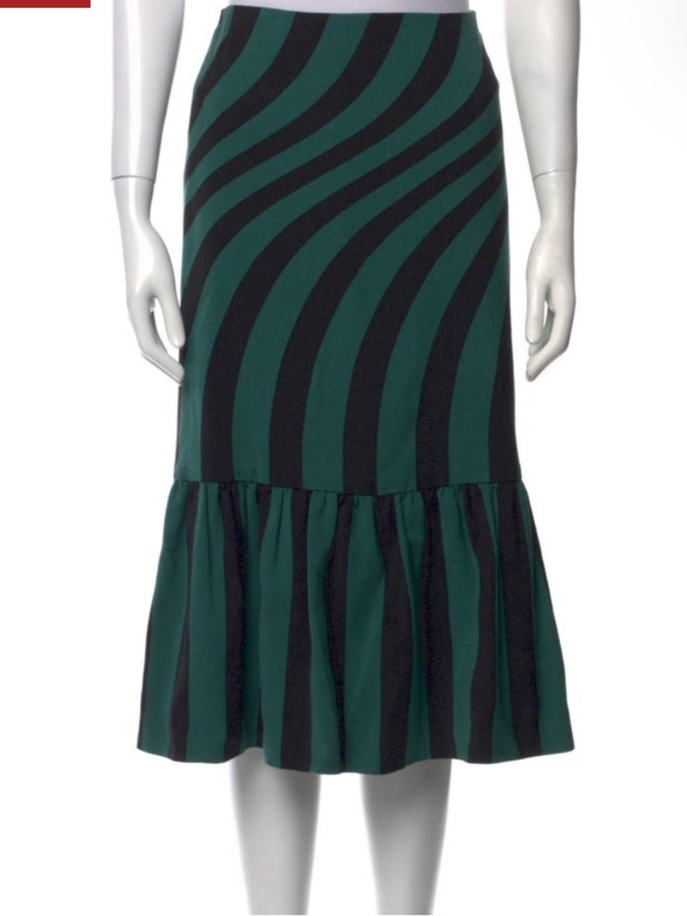 Dries Van Noten Black and Green Striped Midi Skirt with Ruffle Hem